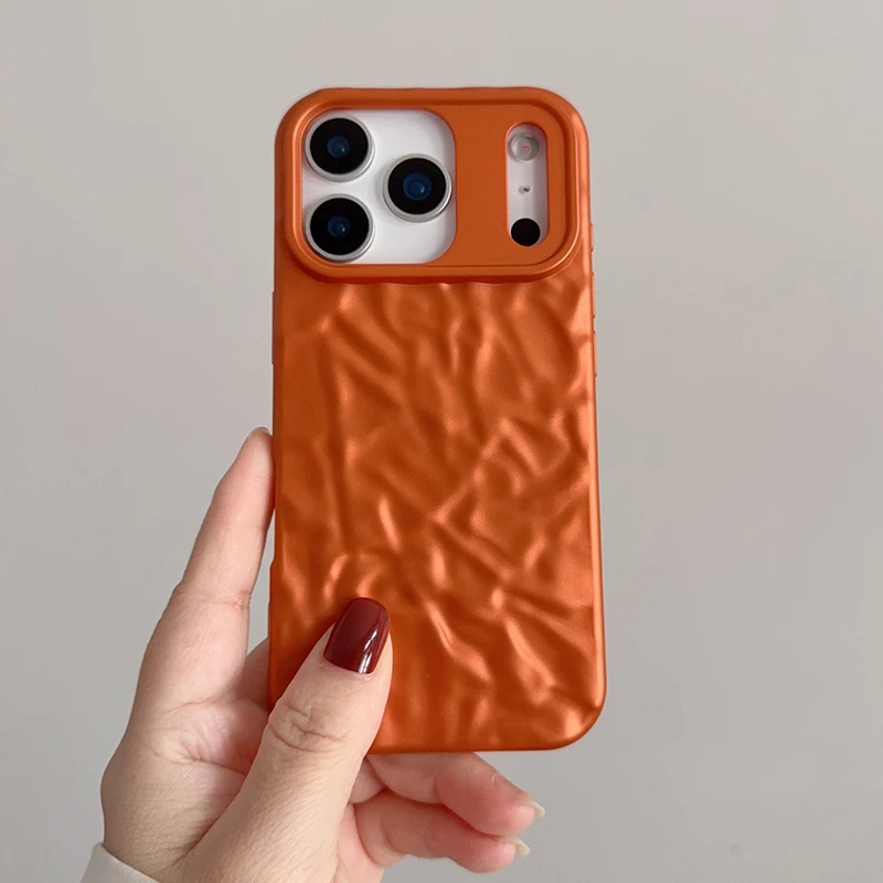 Popular funda de teléfono con textura de pliegues de papel de aluminio mate naranja cósmico para iPhone 17 Pro Max 16 15 14 13 funda trasera con patrón de meteorito de aire - imagen 3