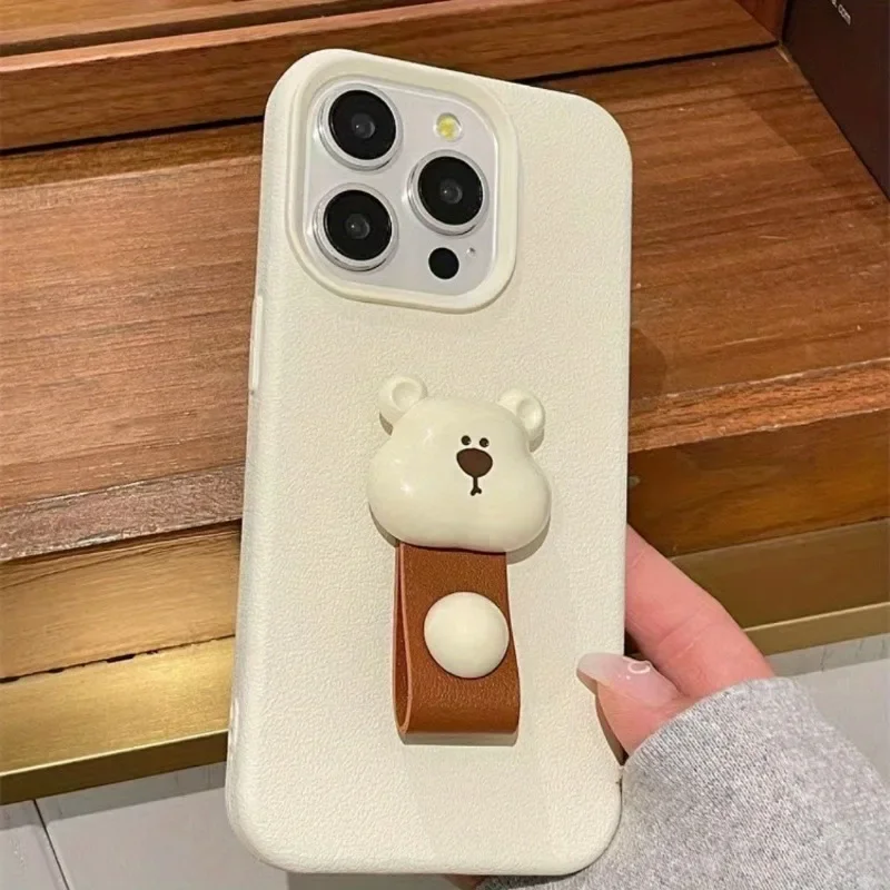 Funda de teléfono con textura de lichi y soporte para anillo de dedo de oso 3D bonito de Corea para iPhone 17 Pro Max 11 12 13 14 15 16 Plus 17 Air 16E - imagen 3