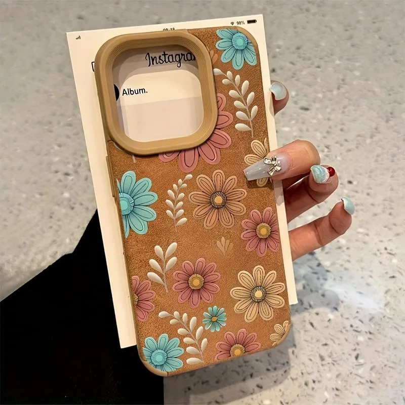 Funda de teléfono de cuero regenerado con flor de girasol para iPhone 17 16 15 14 13 12 11 Pro Max XS XR X 16 Plus 17 cubierta trasera mate de aire