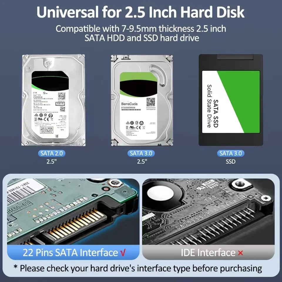 Caja de disco duro móvil de 2,5 pulgadas USB 3,0/tipo C HDD para SATA III II I de 9,5 mm y 7 mm, compatible con UASP de alta velocidad, sin herramientas - imagen 3