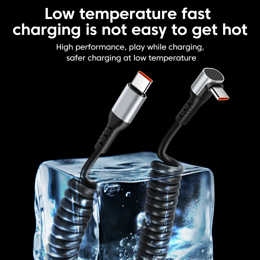 90 °   Cable de carga rápida con resorte para coche, Cable USB tipo C 6A para iPhone 14, Xiaomi, Samsung, Cable tipo C a tipo C para iPhone 15 - imagen 5