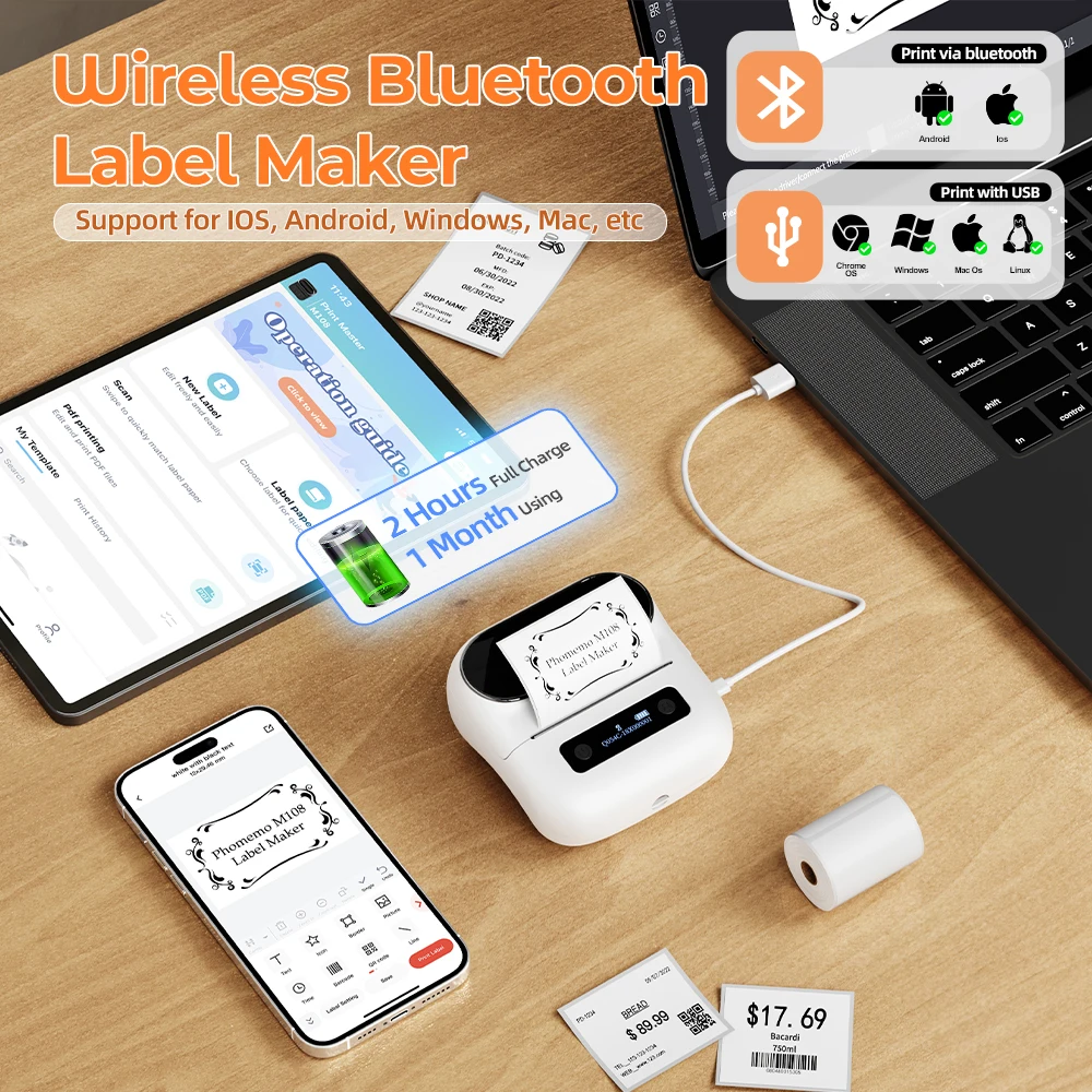 Impresora de etiquetas Phomemo M220, máquina para hacer etiquetas, impresora térmica de etiquetas autoadhesivas de 80mm para máquina etiquetadora Bluetooth móvil - imagen 5