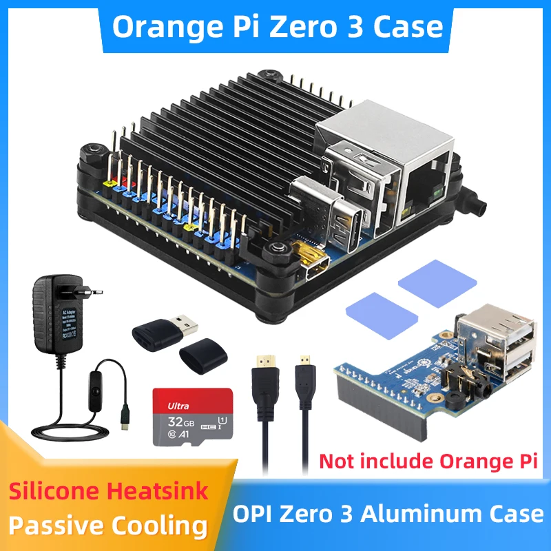 Orange Pi Zero 3 Case Aluminum Alloy Shell Passive Cooing CPU RAM Silicone Heat Sinks Optional Power Supply for OPI Zero 3