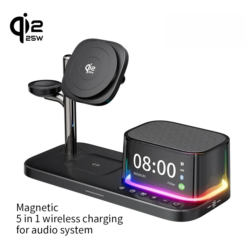 5 en 1 Qi2.2 magnético 25W cargador inalámbrico soporte Altavoz Bluetooth para iPhone 17 ~ 12 Pro Apple Watch 9 Airpods Pro carga rápida - imagen 2