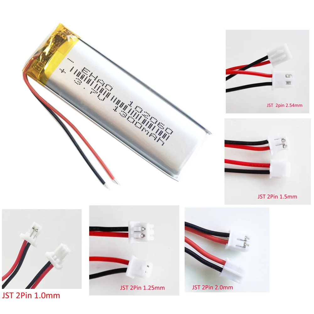 Batería recargable Lipo de 3,7 V, 1300mAh, 102060 + enchufe JST de 2 pines, 1,25/1,5/2,0mm para KTV, micrófono con cable para el hogar, Audio, cámara GPS
