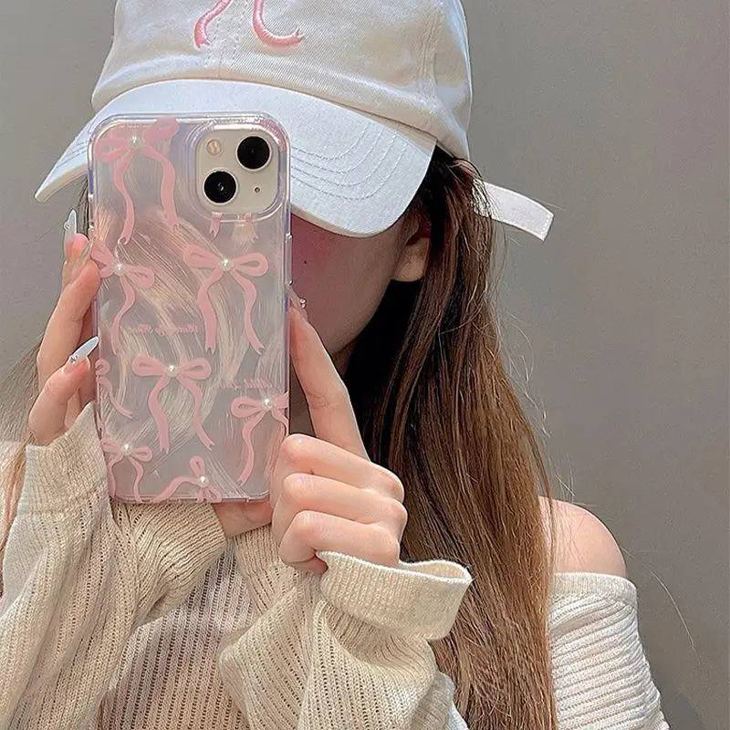 Funda de teléfono con lazo de perla rosa para iPhone 16 Pro Max 15 14 Plus 13 12 Mini 11 Pro X XR 7 8Plus carcasa anticaída a prueba de golpes - imagen 2