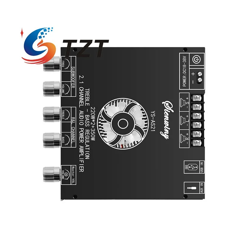 TZT YS-AS21 Módulo amplificador de potencia de audio Bluetooth5.1 de 2,1 canales 220W + 220W + 350W compatible con control de aplicación