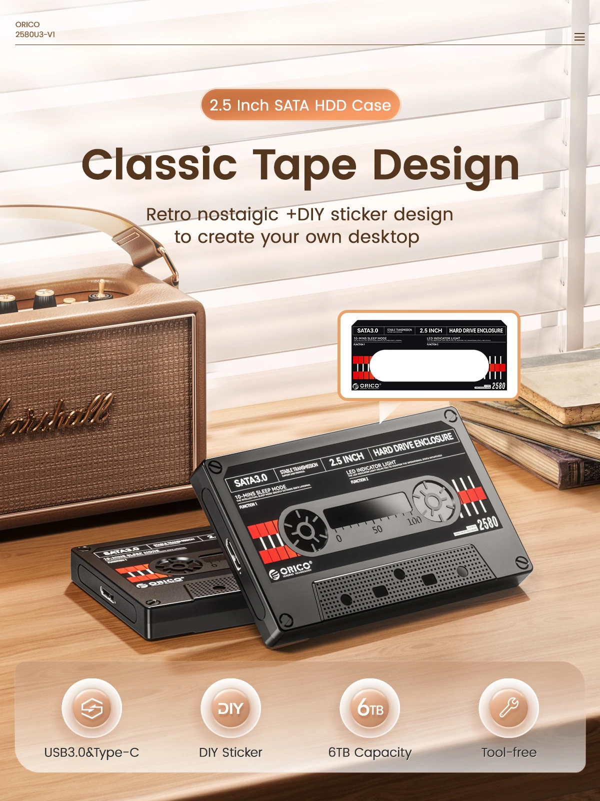 ORICO-carcasa de disco duro externo SATA a USB3.0 de 2,5 pulgadas, carcasa de disco duro tipo C de 5Gbps/6Gbps con pegatina DIY - imagen 2