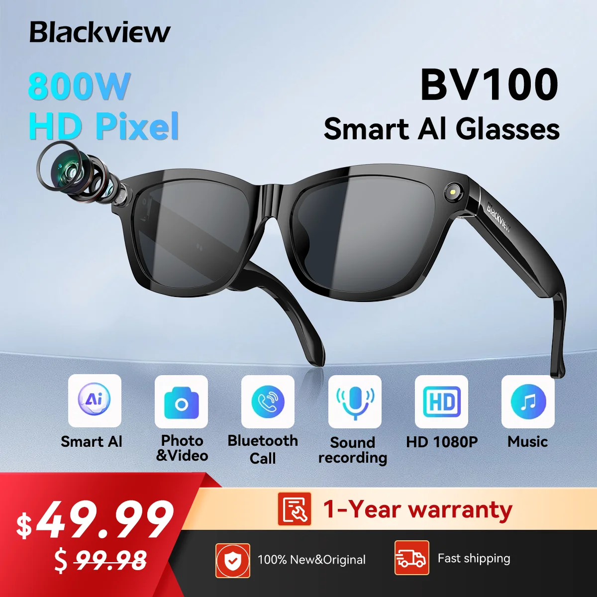 Gafas inteligentes Blackview BV100, cámara HD, Bluetooth 5,4, batería de 220 mAh, altavoces de graves estéreo, micrófono con cancelación de ruido, detección de desgaste - imagen 2