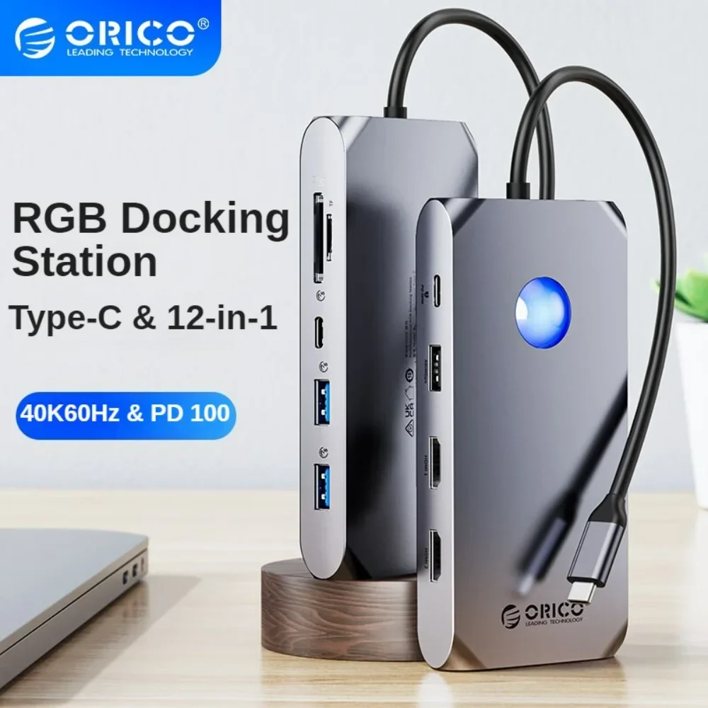 ORICO RGB USB C estación de acoplamiento con 4K60Hz Dual HDMI compatible VGA DP Ethernet 100W PD Hub SD/TF 3,5mm para ordenador portátil Macbook Pro