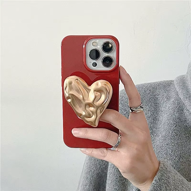 Con soporte de corazón Fundas de teléfono rojas con soporte para iPhone 16 Funda 15 Pro Max 14 Plus 13 12 11 Funda Griptok con toma de agarre - imagen 4