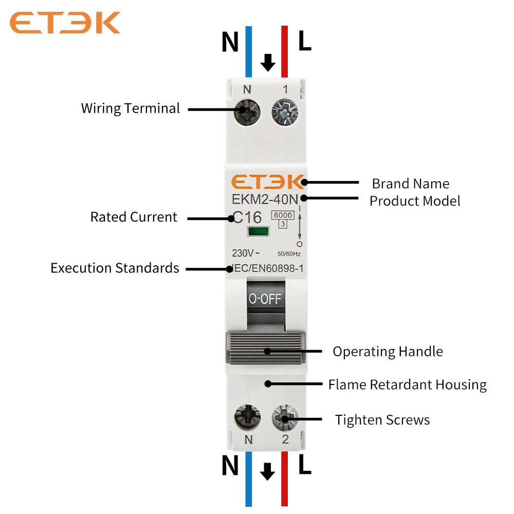 ETEK-disyuntor en miniatura de 19mm, 1P + N, 6kA, montaje en carril Din, disyuntor de aire doméstico en miniatura, curva C de 30mA EKM2 - imagen 4