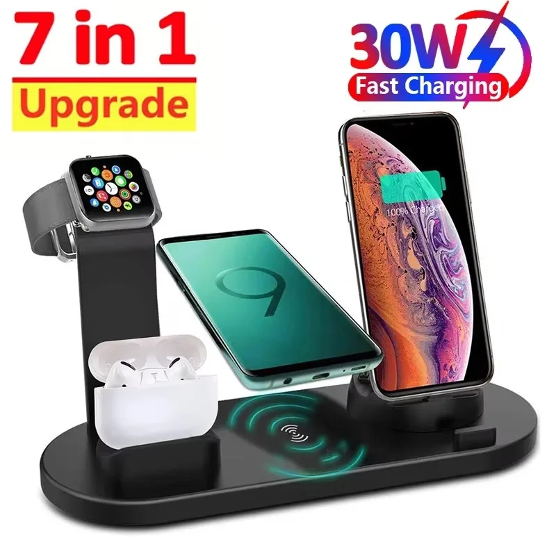 Soporte de cargador inalámbrico 7 en 1 para iPhone 16, 15, 14, 13, 12 X Apple Watch, Airpods, cargadores de teléfono de escritorio, estación de carga rápida