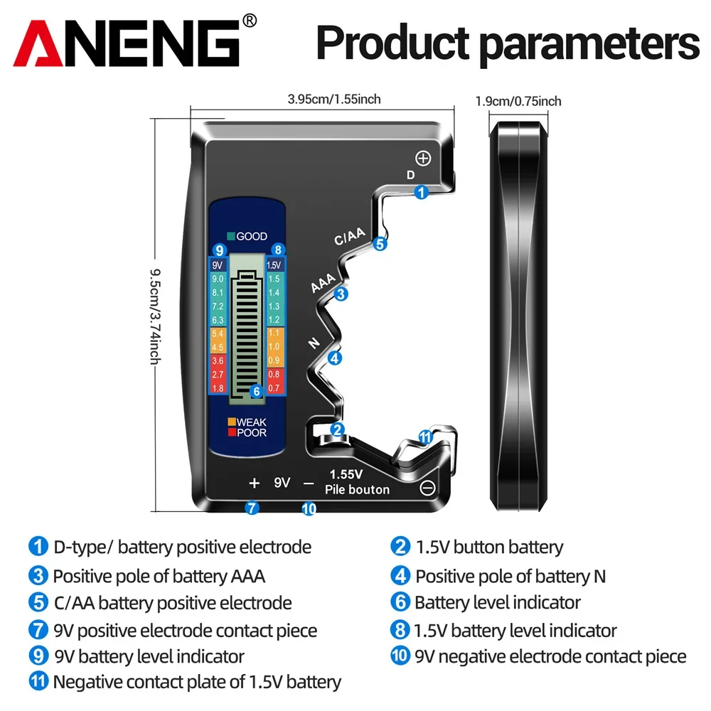 ANENG-probadores de pilas de botón con pantalla LCD C AA AAA D N 9V 1,55 V, Detector de capacidad de voltios Universal, herramientas de capacitancia - imagen 5