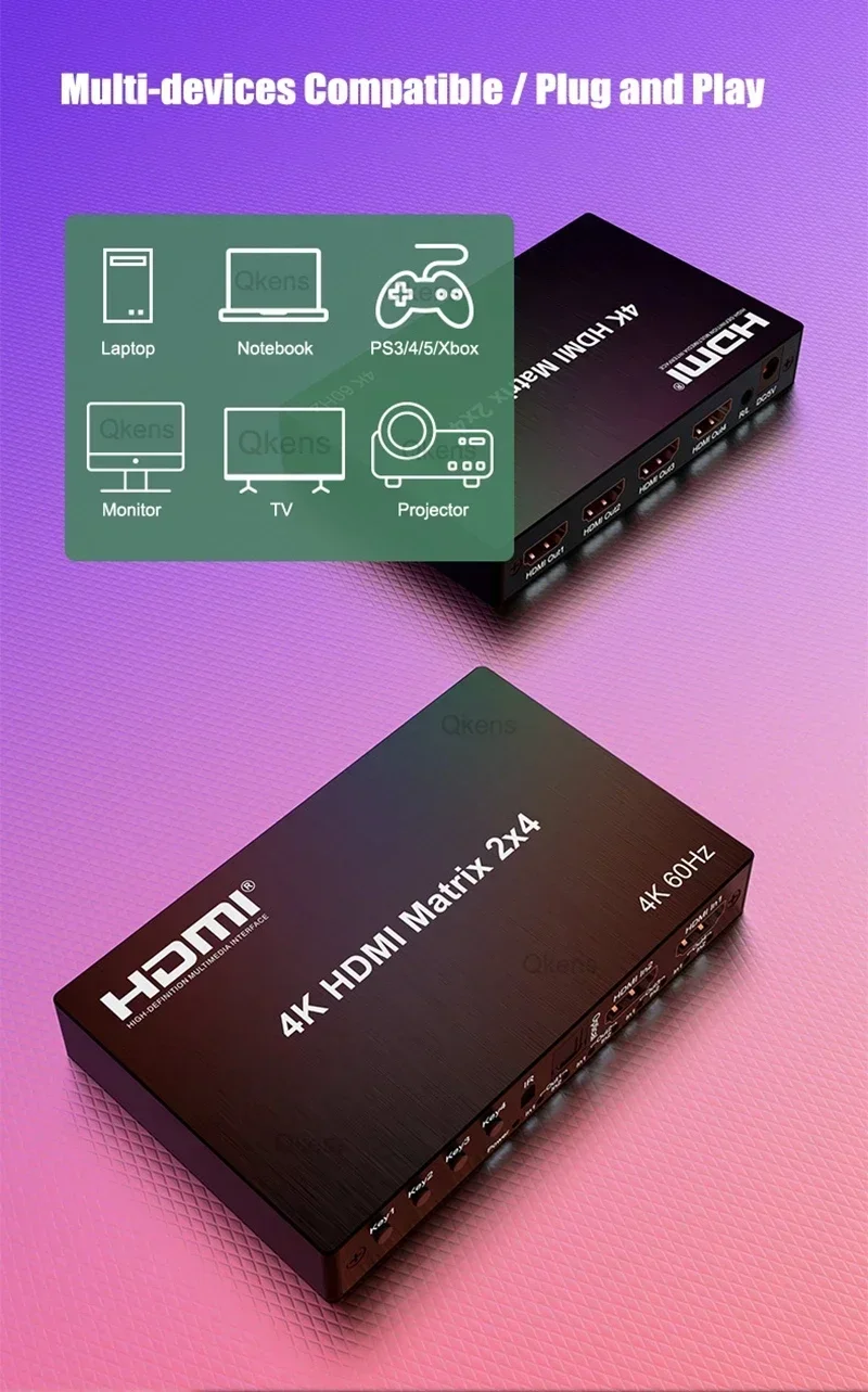 4K @ 60hz HDMI Matrix 2x4 2 en 4 salida HDMI2.0 divisor conmutador óptico 3,5mm Extractor de Audio convertidor de vídeo 3D para PS4/5 PC a TV - imagen 5