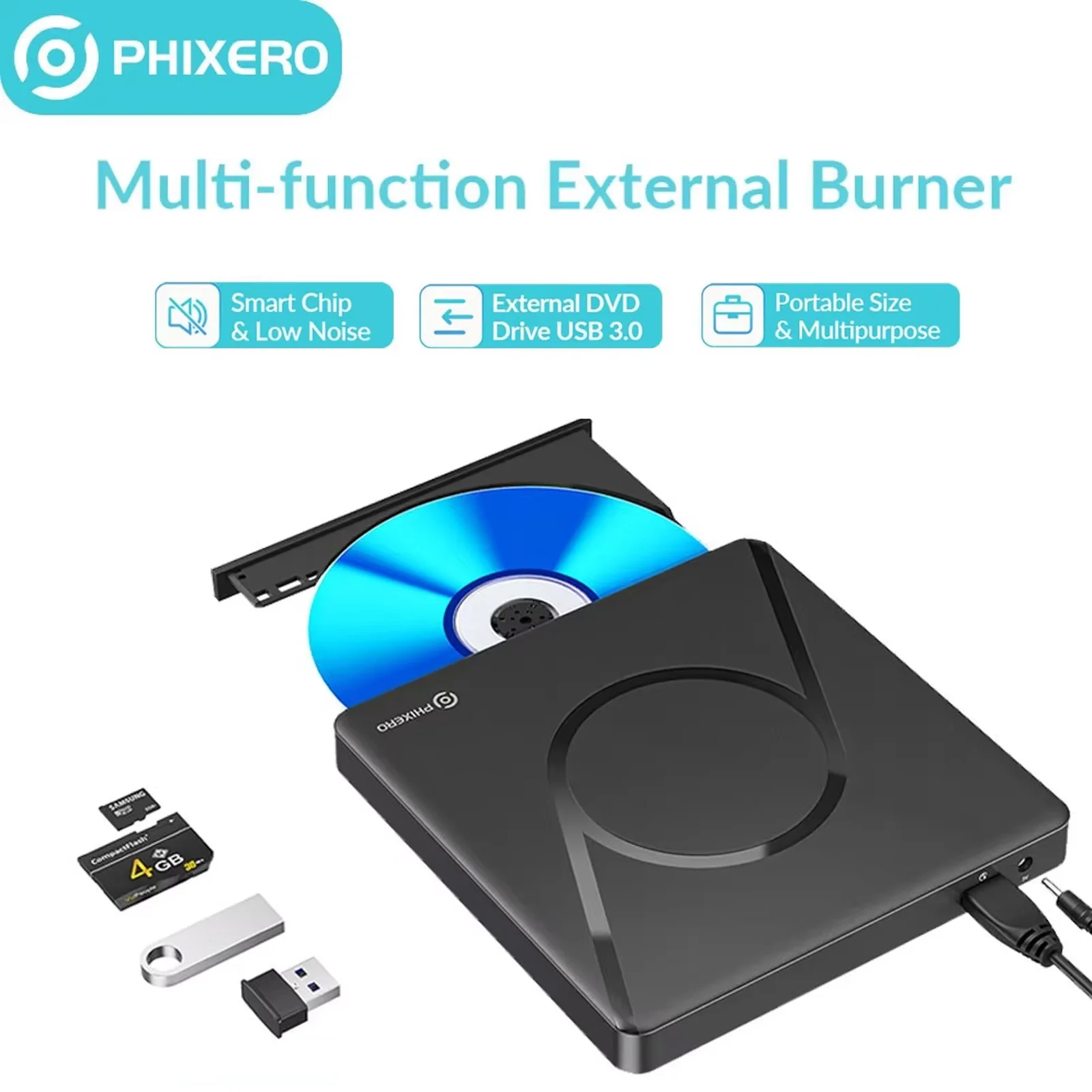 PHIXERO USB3.0 externo Blu Ray DVD 3D unidad óptica delgada lector de escritura Blu-Ray CD/DVD unidad grabadora de Blu-Ray externa para ventana
