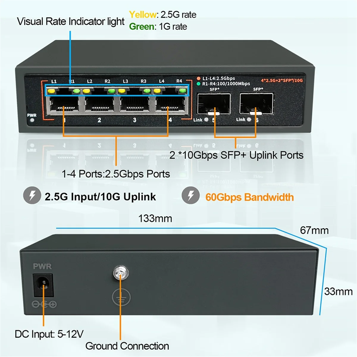 Interruptor de red Ethernet de 2,5G, Hub LAN 4x2,5G + 2x10G SFP + puerto de enlace ascendente sin ventilador para enrutador Wifi NAS, AP VDI inalámbrico, enchufe de la UE - imagen 2
