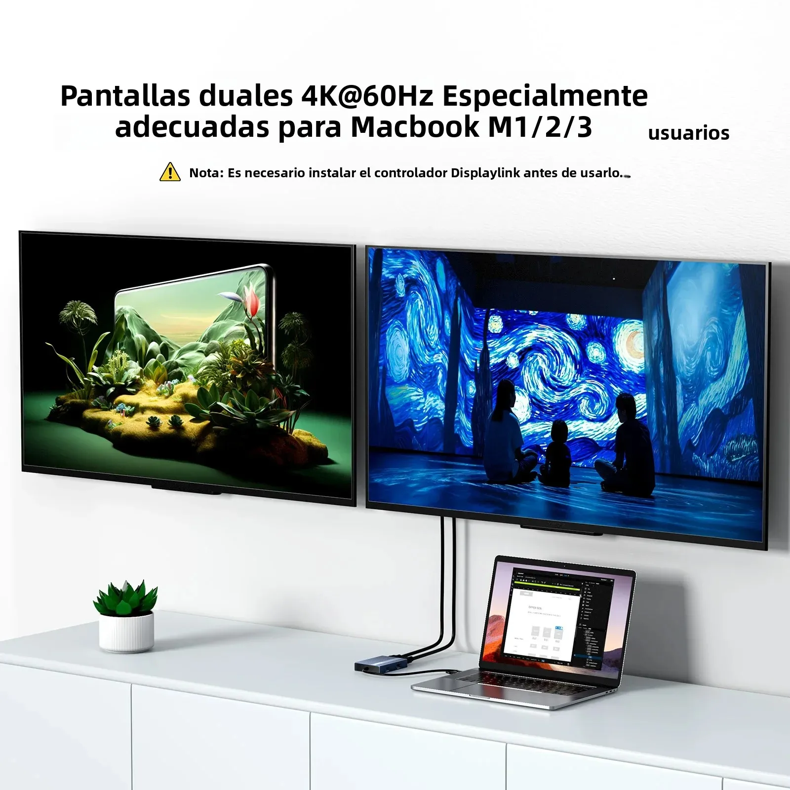 Acasis Displaylink Hub 6 en 1 estación de acoplamiento USB-C doble 4K/60HZ PD 100W entrada 90W salida para Macbook M1/M2/M3 - imagen 3
