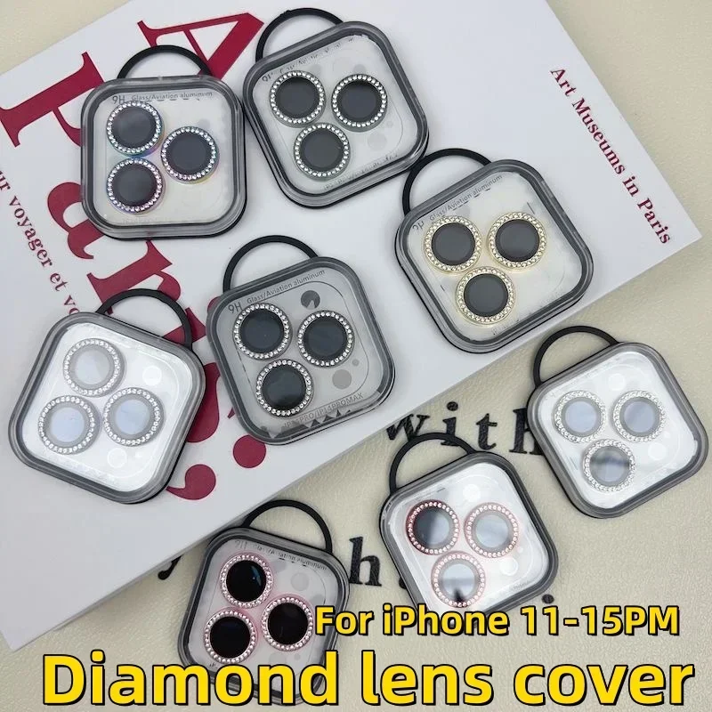 Protección de cámara con purpurina de diamante para Iphone 15 16 Pro Max Plus lente de vidrio templado en Iphone 16 15 Plus anillo de Metal