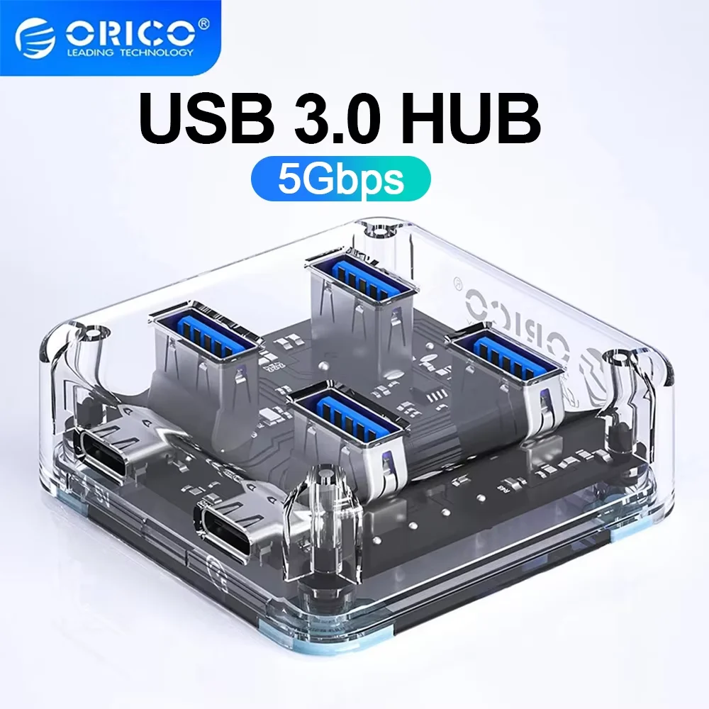ORICO Transparent 4 Ports Expansion USB 3.0 HUB Docking Station High Speed USB Splitter OTG With Micro USB Power Interface