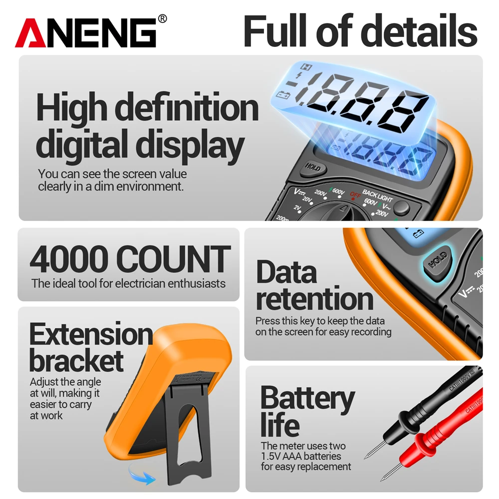 Multímetro digital profesional ANENG AN8205C medidor de voltaje CA/CC diodo de resistencia de corriente CC-40 ℃ ~1000 ℃ Probador de retroiluminación LCD - imagen 5