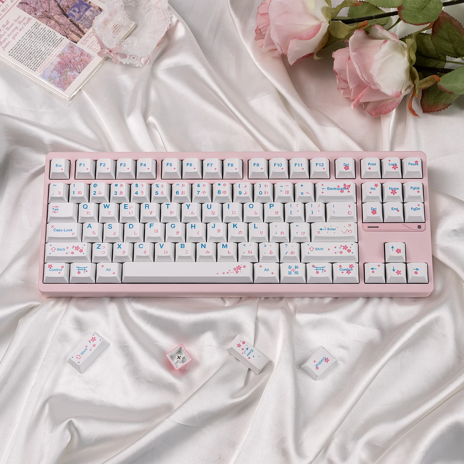 Teclas Sakura de 148 teclas, teclas PBT sublimadas con perfil de cereza, teclas de raíz japonesa para teclado mecánico MX
