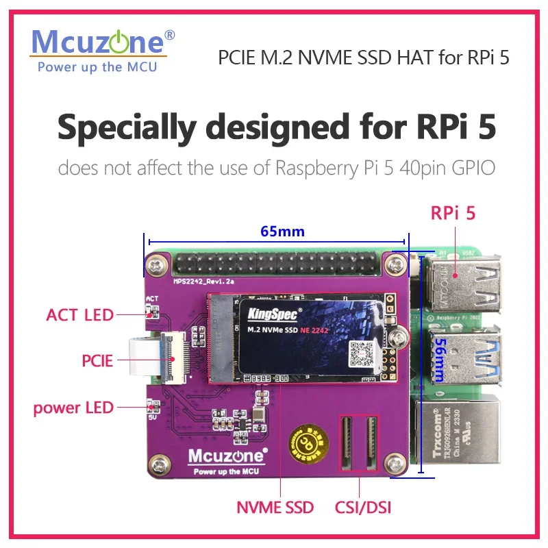 MPS2242, PCIE M.2 NVME SSD HAT para Raspberry Pi 5, compatible con 2230 2242 Gen3 - imagen 3