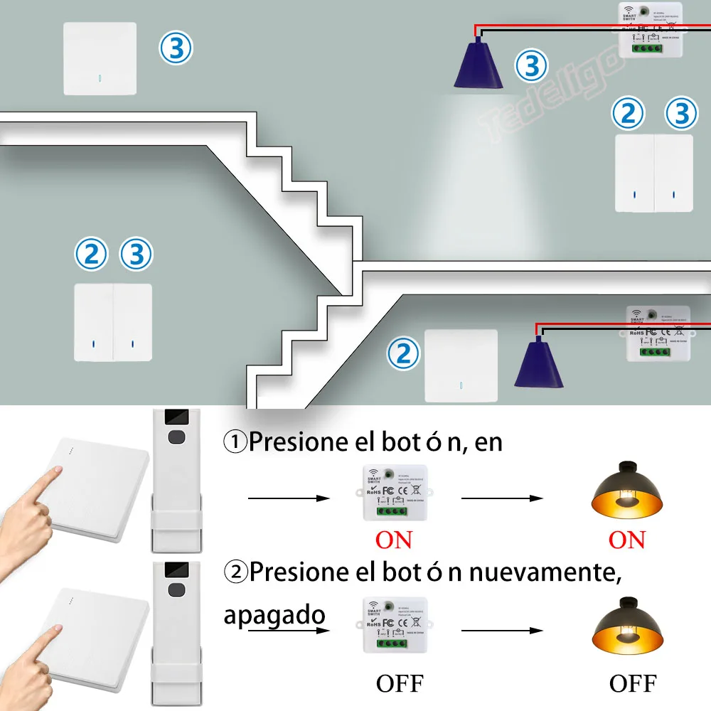 Interruptor inteligente 220v 10a 433MHz Control remoto inalámbrico Interruptor de luz Botón Interruptor de pared Mini Mejora del hogar Módulo de interruptor de relé Lámpara de ventilador LED ON OFF - imagen 5