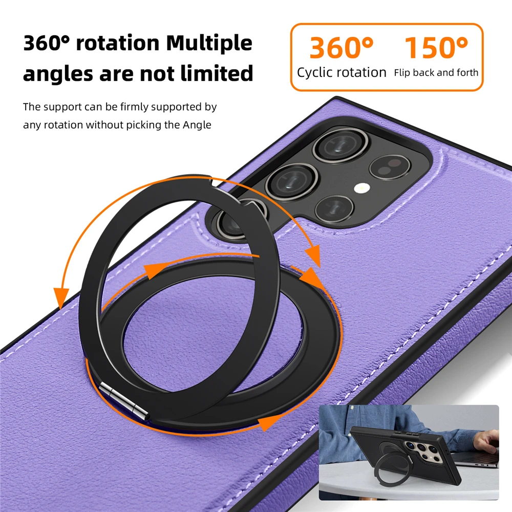 Funda de teléfono de cuero completo de lujo para Magsafe Samsung S24 Ultra S23 S22 Ultra Plus, soporte de Metal giratorio magnético, cubierta trasera con soporte - imagen 2