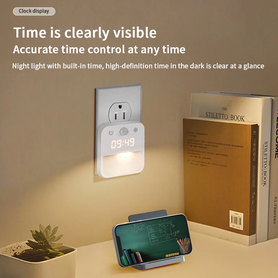 Reloj de luz nocturna con detección de movimiento humano, enchufe estándar UE/EE. UU., 110V-220V, atenuación infinita, pantalla de conmutación de tres colores - imagen 3