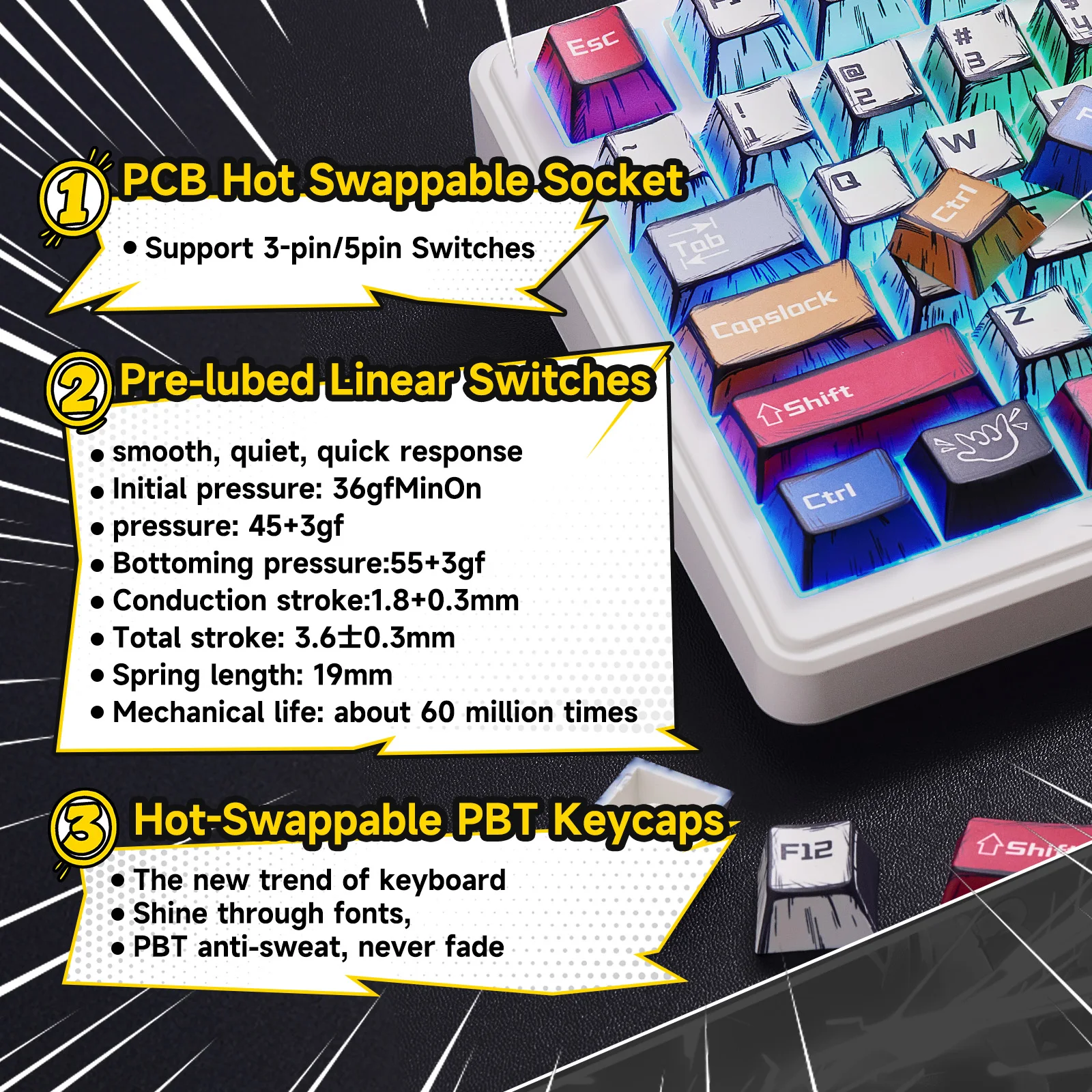 Nuevo Teclado mecánico para juegos AULA F75/F99 Pro, teclas de cómic PBT, retroiluminación RGB, enchufe caliente, teclado personalizado para oficina - imagen 5