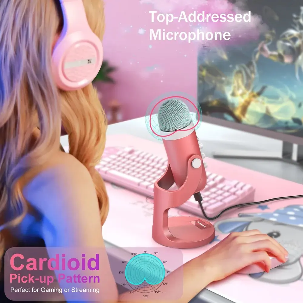 Haomuren Micrófono Condensador USB Rosa para PC Mac y Juegos - imagen 2