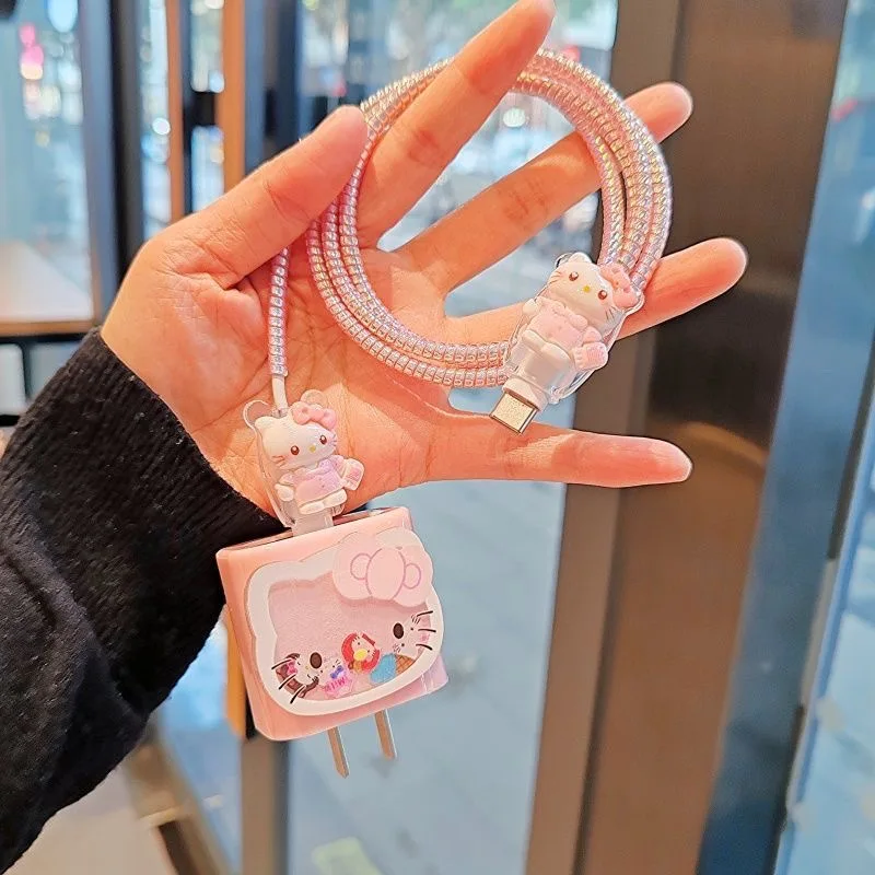 5 unids/set AndWobble Hello Kitty Cable cargador Protector cubierta para Samsung Galaxy 25w teléfono móvil Cable de datos funda protectora - imagen 5