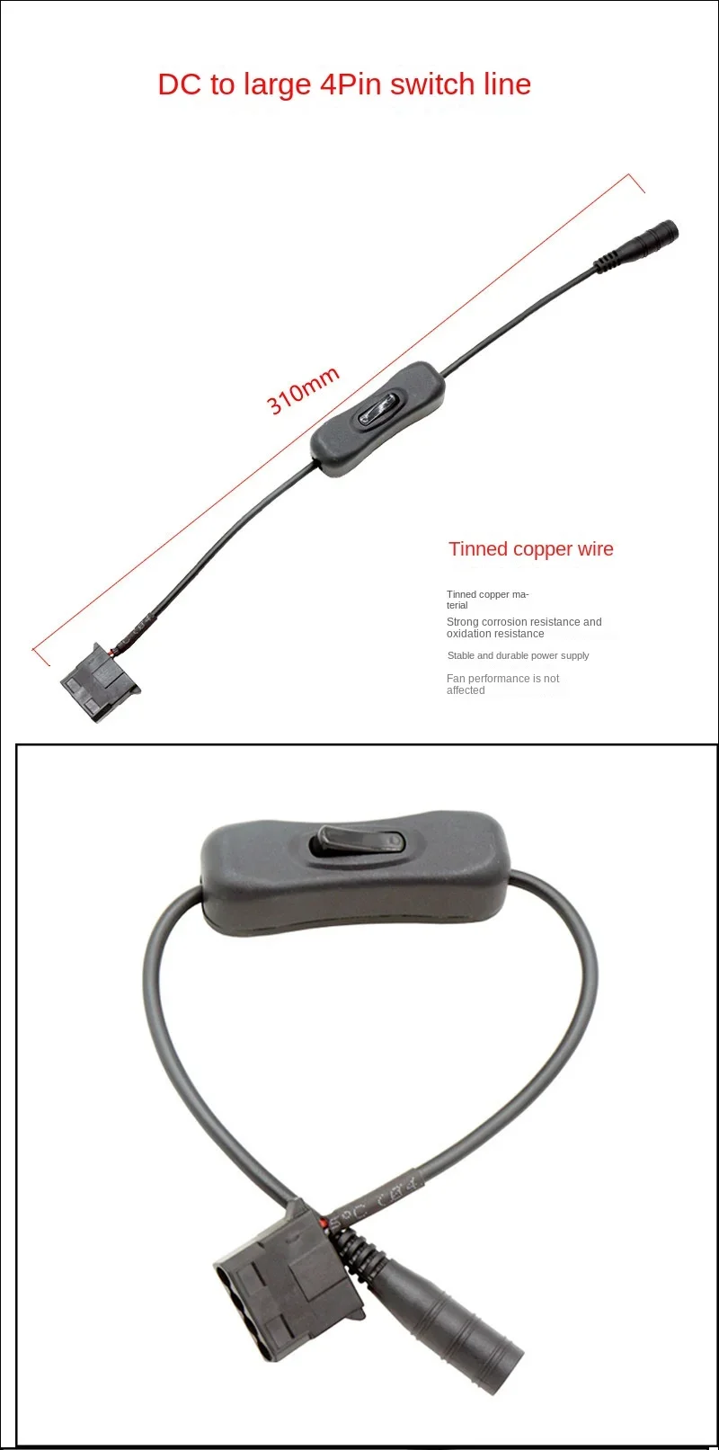 Enchufe de fuente de alimentación CC de 5,5*2,1mm a Cable adaptador de corriente para ventilador de PC de 4 pines con interruptor - imagen 5