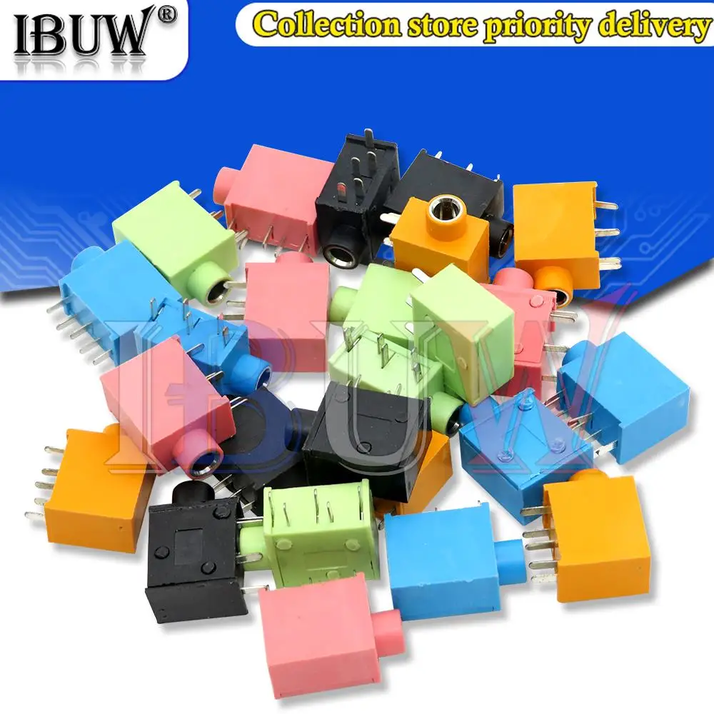 Conector hembra para auriculares, 10 piezas, PJ-215, 3,5 MM, para Audio y vídeo, 5 pines, rojo, negro, azul, amarillo y verde