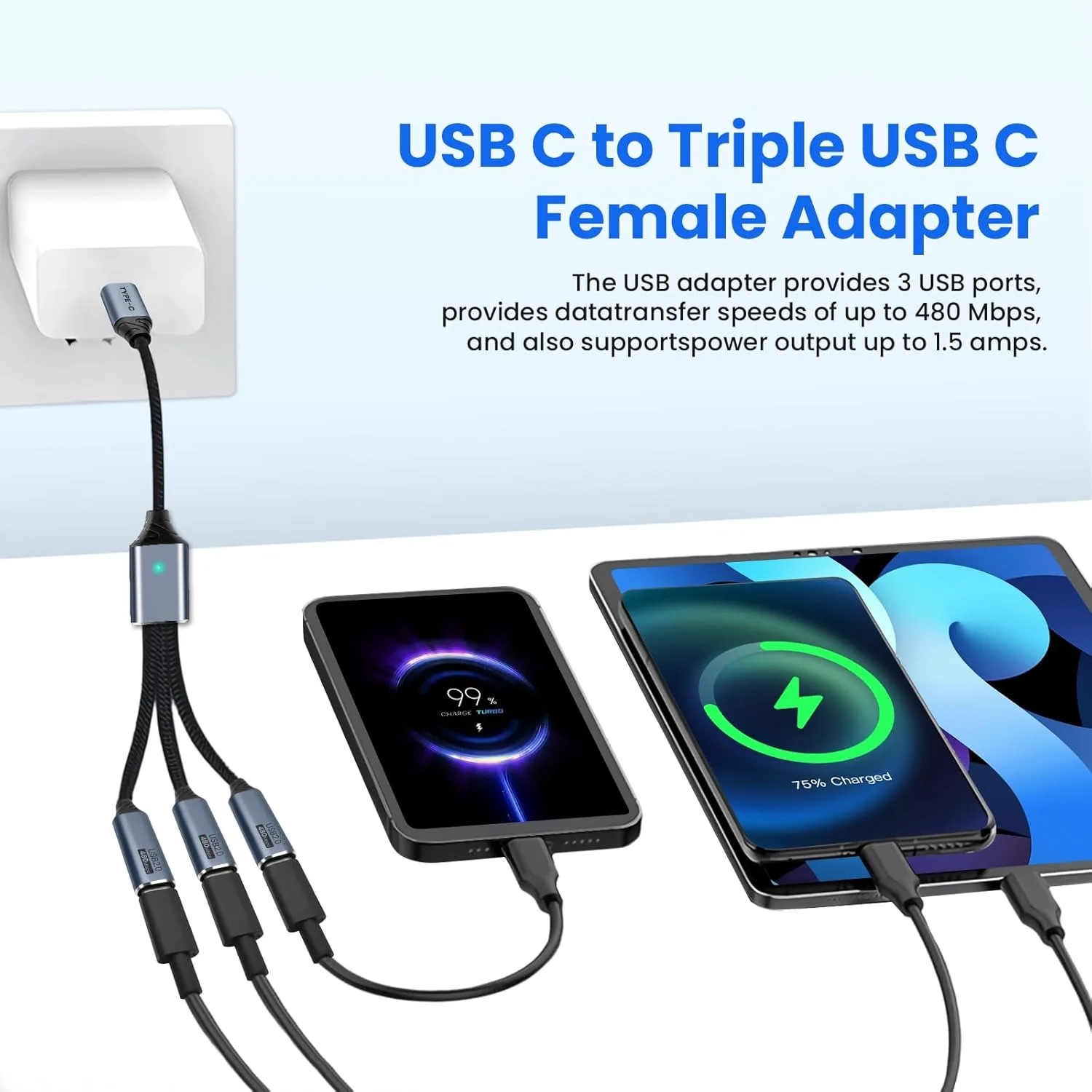 Divisor USB C de 3 puertos con adaptador USB para transferencia de datos, divisor de USB-C para cargar Cable macho a hembra multitipo C para PC - imagen 3