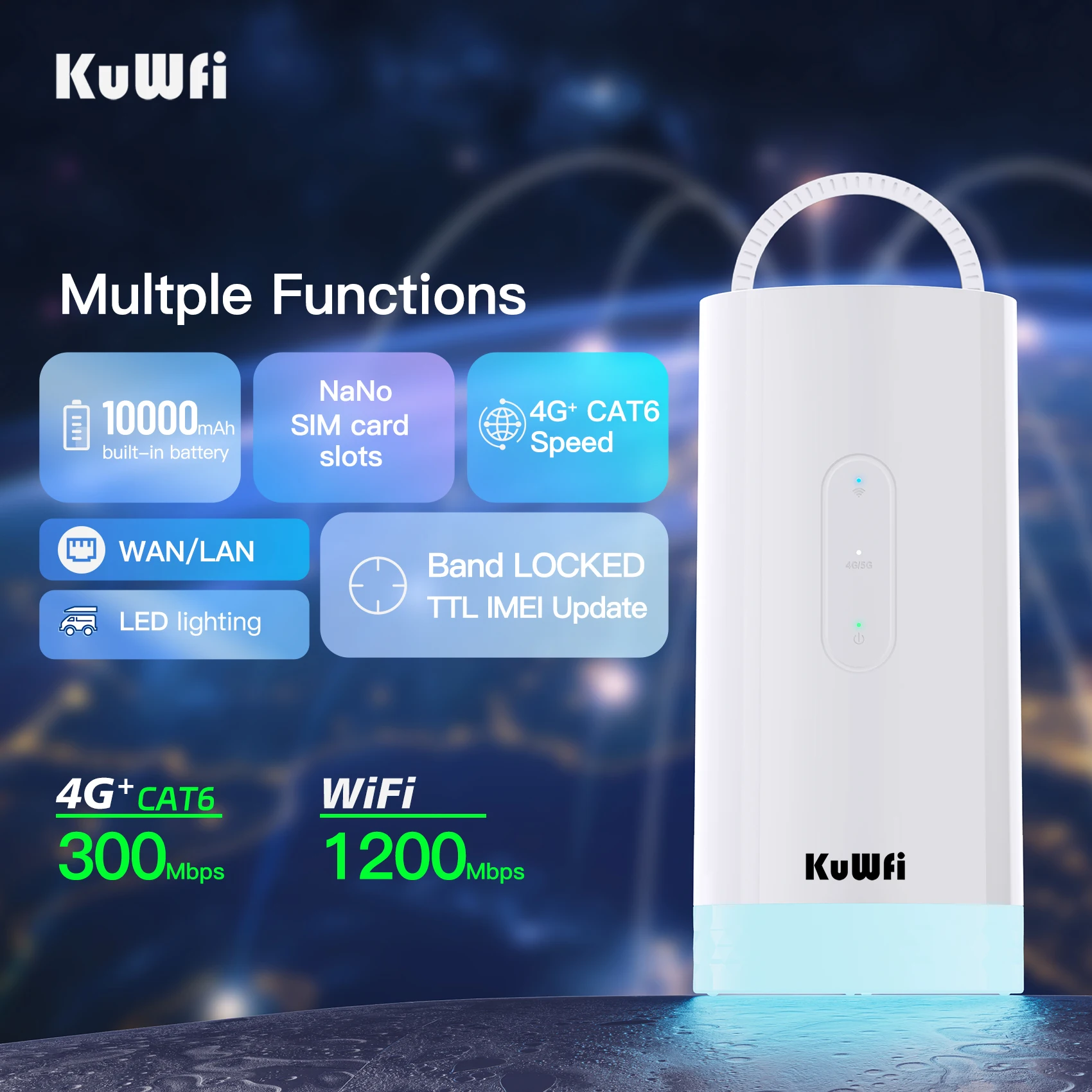 Enrutador KuWFi 4G LTE CAT6, 1200Mbps, WiFi de alta velocidad, 10000mAh, iluminación exterior de larga duración, enrutador de Camping, compatible con tarjeta SIM - imagen 2