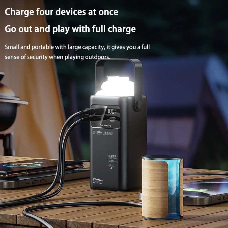 Banco de energía de 200000mAh, fuente de alimentación de emergencia portátil de carga rápida de 120W para exteriores, cable incorporado, luz de Camping para iPhone y Samsung - imagen 2