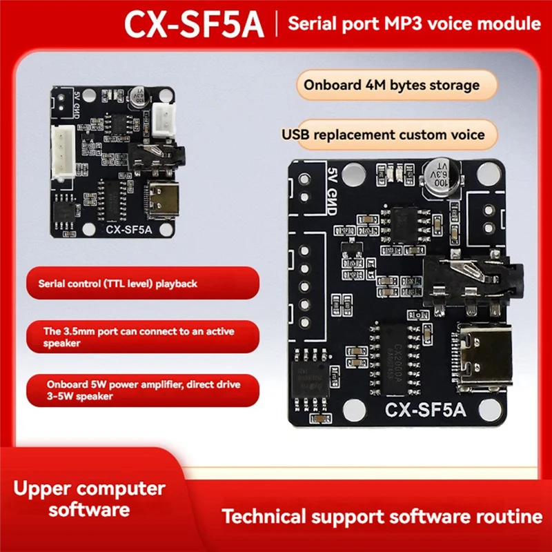 Módulo de Chip de voz MP3 de puerto serie CX-SF5A, módulo de Audio personalizado de transmisión de voz, Kit de Audio de activación de Control de Chip único - imagen 4
