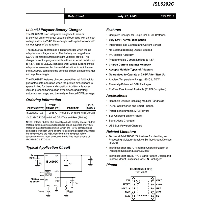 1 Uds ISL6292CCR3Z-TR5166 código QFN 92CZ cargador de batería IC chip cargador de batería de polímero de iones de litio - imagen 3
