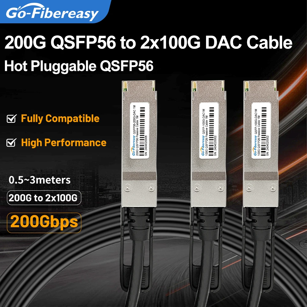 Cable DAC de 200G QSFP56 a 2x100Gb QSFP56, Cable de apilamiento de cobre de fijación directa de 0,5 m ~ 3M para equipo óptico de fibra Mellanox Juniper