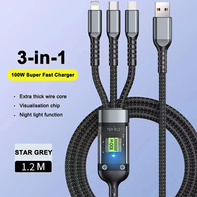 Cable de datos 3 en 1 tipo USB C de carga súper rápida de 100W con luz para IPhone Samsung Xiaomi Huawei cables de carga rápida