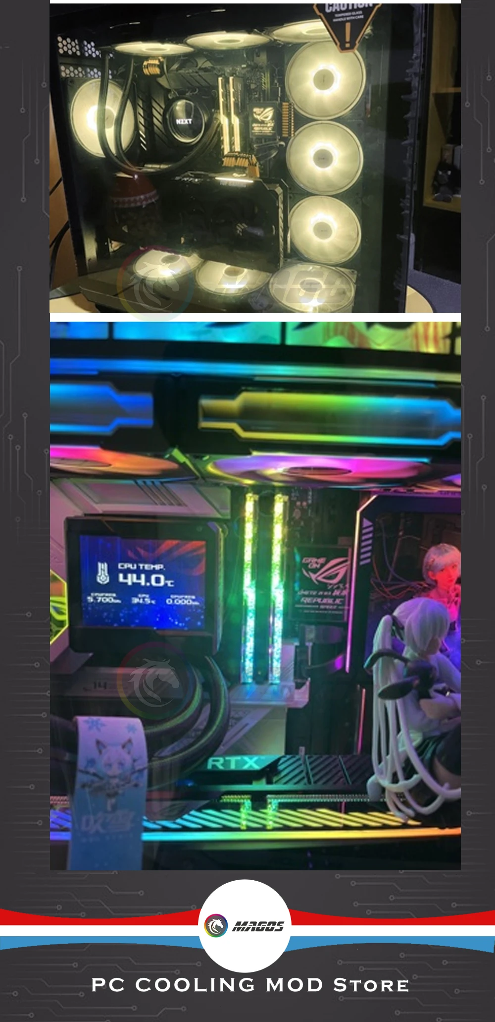 Un estuche de computadora con una luz de arco iris en el interior