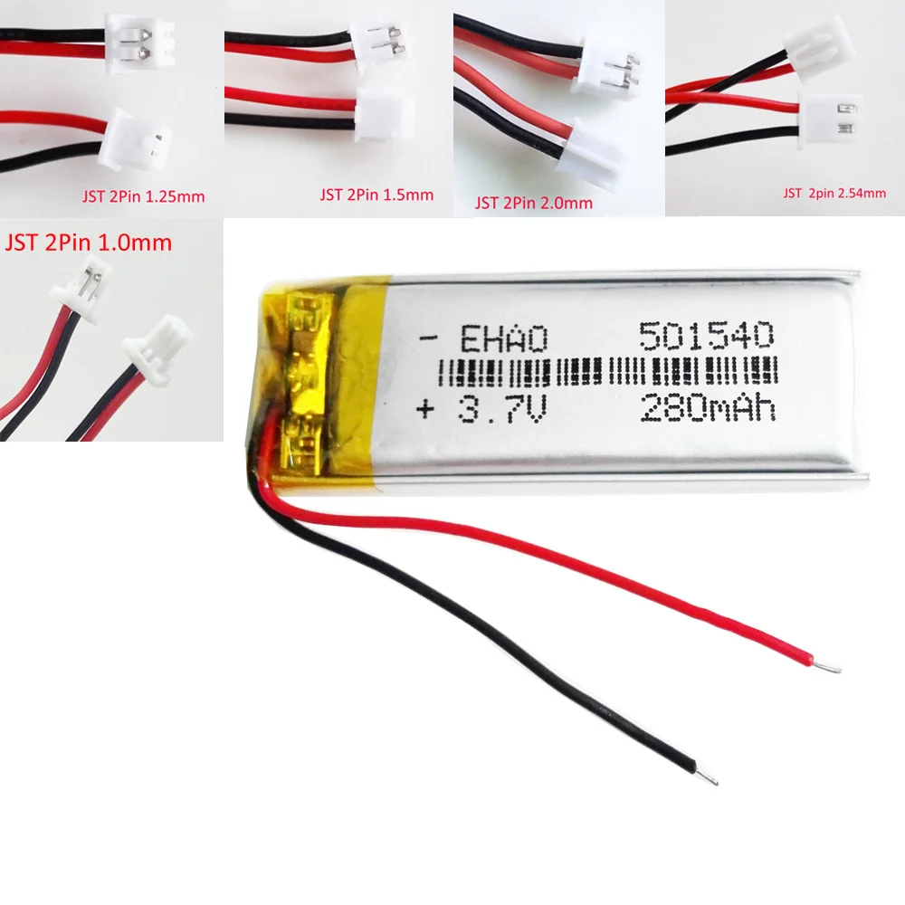 Batería recargable LiPo de 3,7 V, 280mAh, 501540 + JST, enchufe de 2 pines para navegador GPS, grabadora, altavoz, GPS, Bluetooth, luz Led