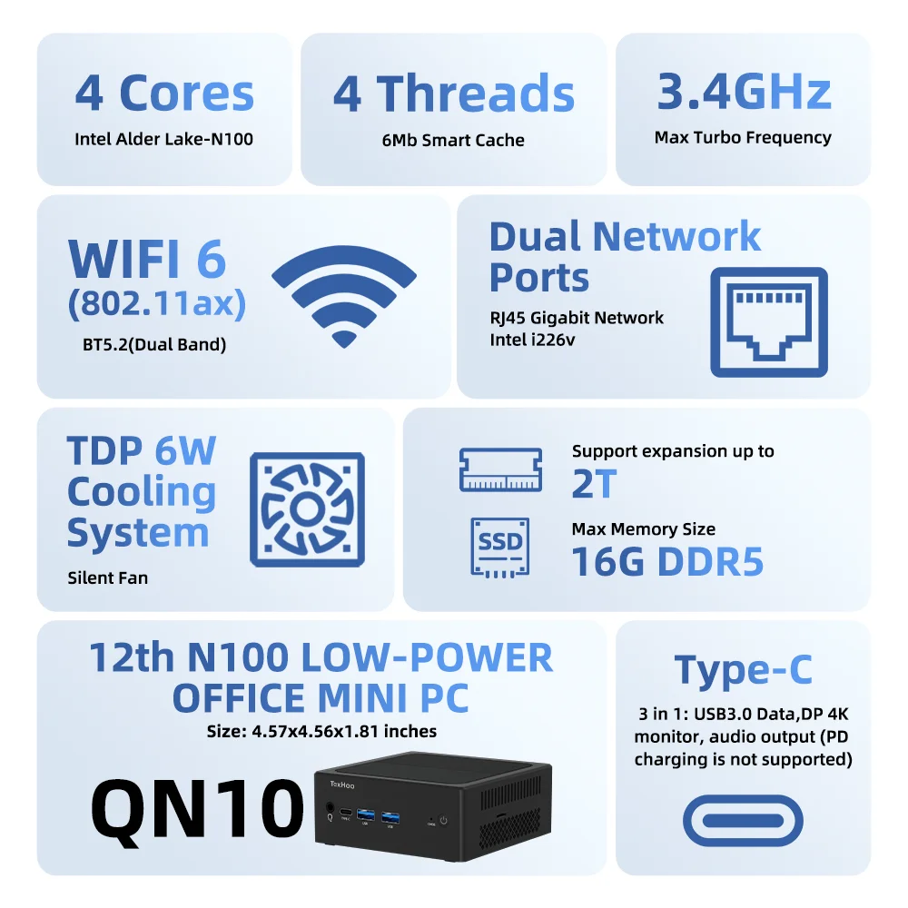 TexHoo Mini PC Intel N100 de doble banda WiFi6 BT5.2 16GB DDR5 512GB NVME SSD HDMI DP Dual LAN ordenador de juegos de escritorio Mini PC Gamer - imagen 3