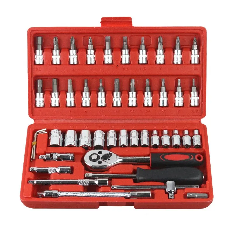 Kit de herramientas de reparación de automóviles, juego de enchufes de 1/4 pulgadas, llave dinamométrica de trinquete, conjunto de reparación de automóviles, herramienta mecánica, 46 piezas - imagen 4