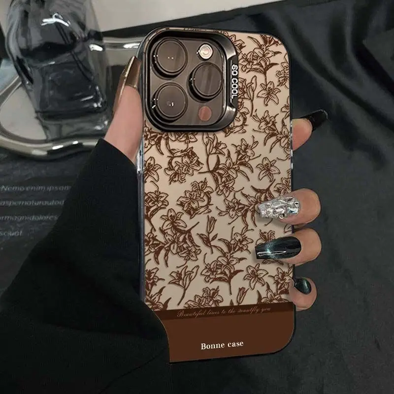 Funda de teléfono con patrón de pequeña flor y boceto marrón para iPhone 17 16 15 14 Plus 13 12 11 16E Pro Max 17 Air X XR XS, funda trasera dura