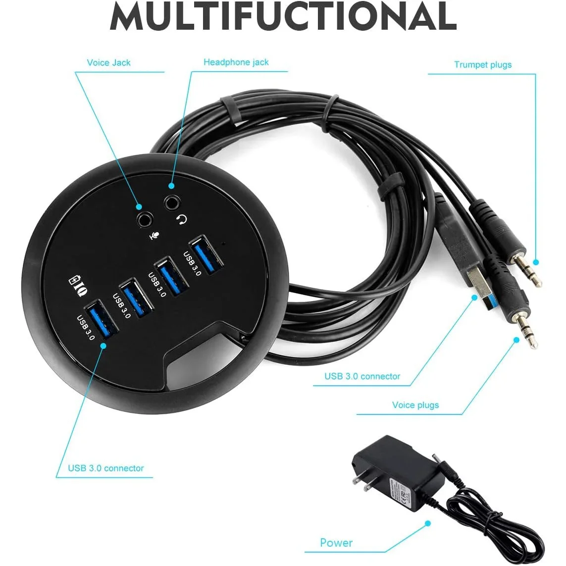 Hub USB 3,0 de 4 puertos de 80mm con conector de teléfono con micrófono de Audio de 3,5mm/cargador USB Bc 1,2, adaptador de corriente de 5V/2A para teléfonos inteligentes iPhone - imagen 3