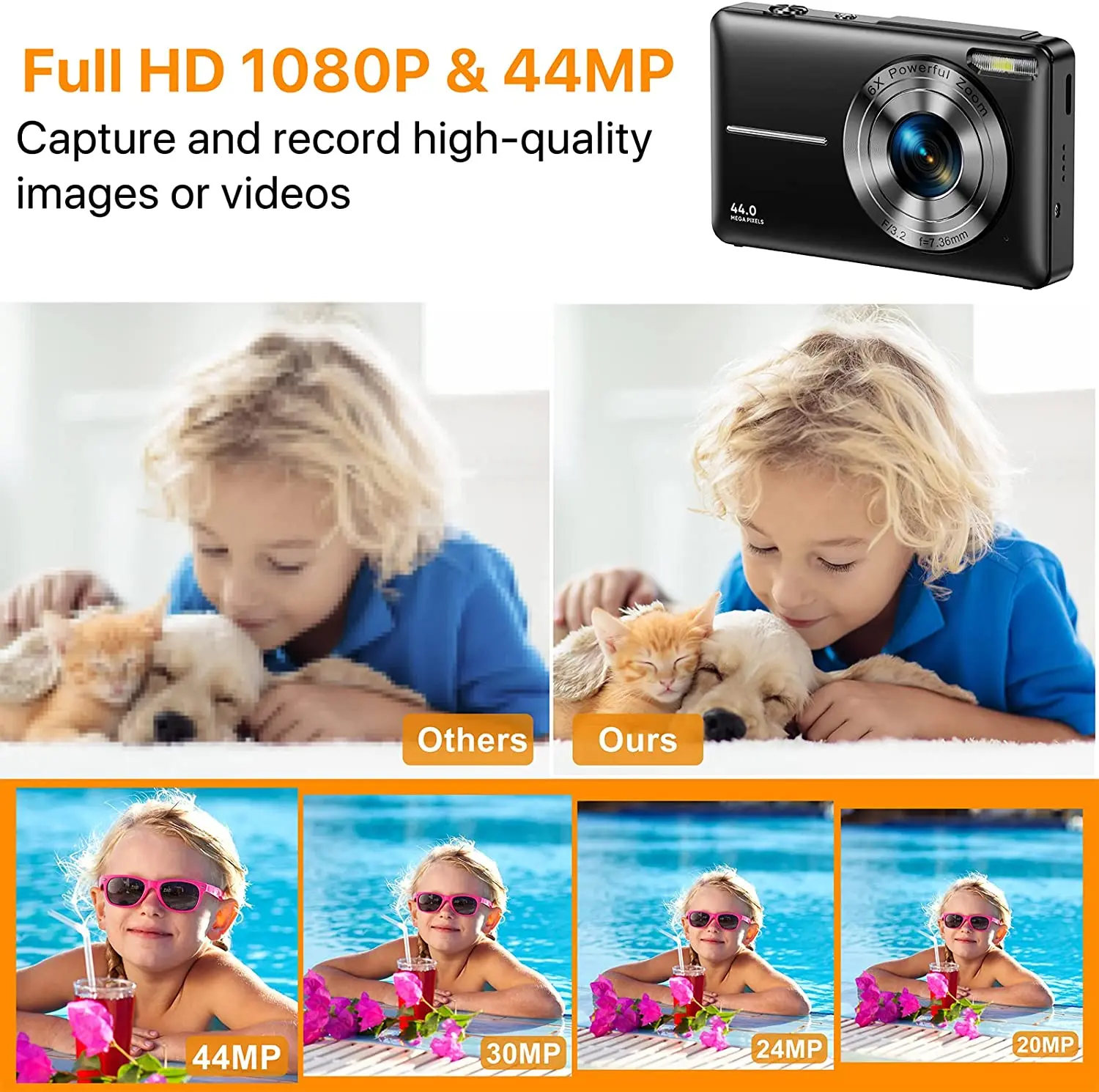 Cámara digital HD 1080P para niños y niñas, videocámara recargable de 2,4 pulgadas con Zoom 16x, compacta de 44MP, digital - imagen 2
