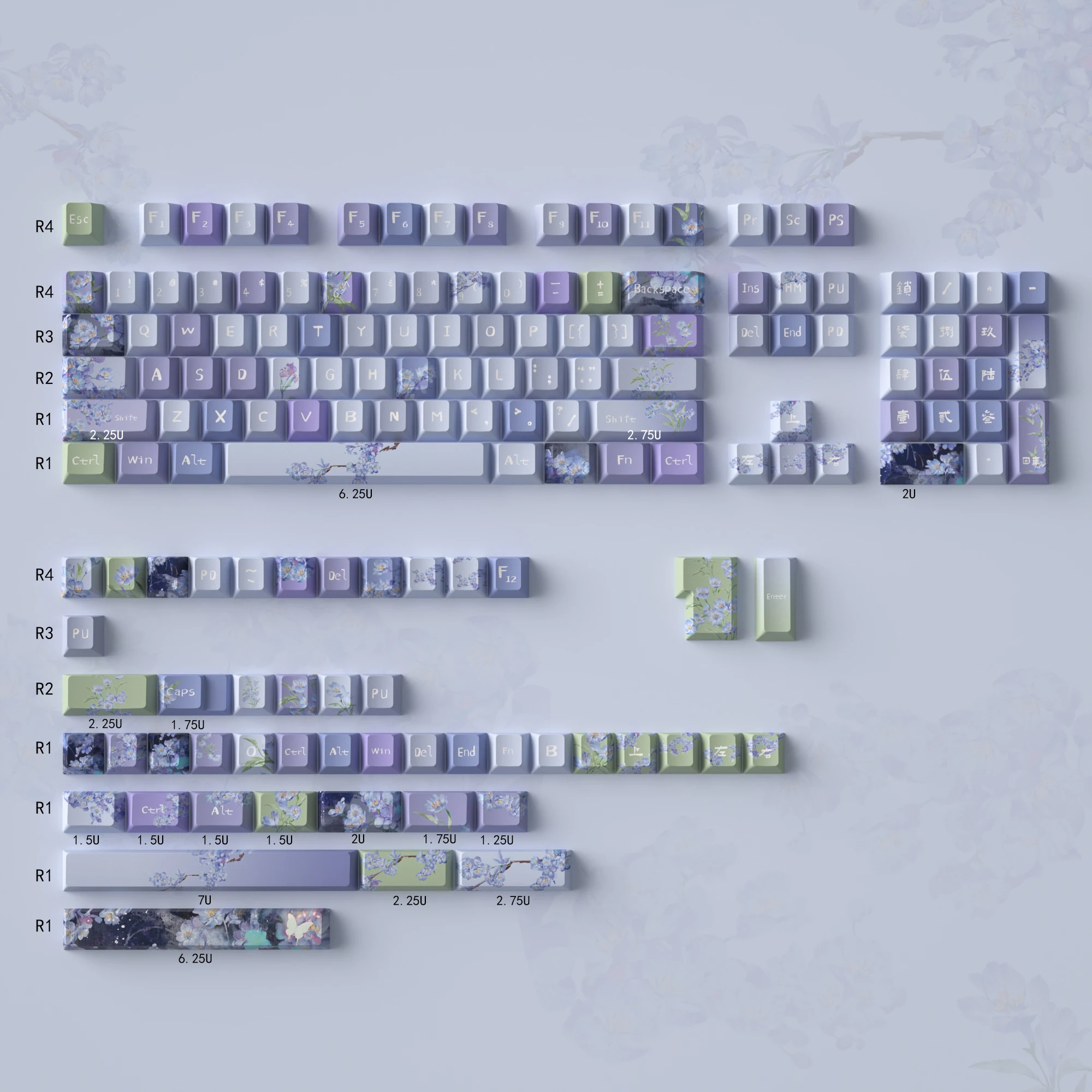 Teclas de color púrpura para teclado mecánico Cherry MX Switch, 156 teclas, elemento de flor, PBT Dye-Sub Cherry